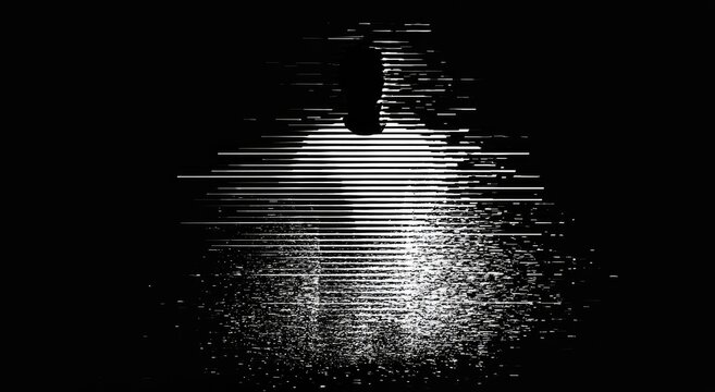 Distorted, glitchy silhouette of a person dissolving into particles on black background