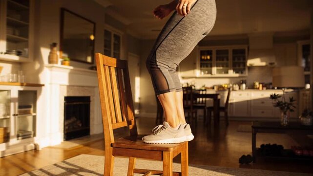 Placing foot on wooden chair, woman doing step-ups exercising at home, wearing sports bra and watch