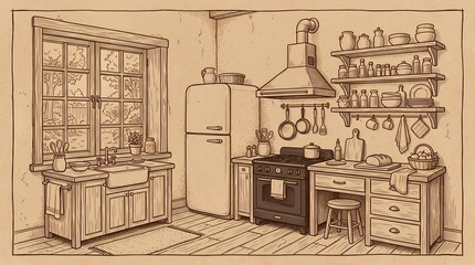 Fototapeta premium Vintage kitchen interior sketch with stove and cupboards.
