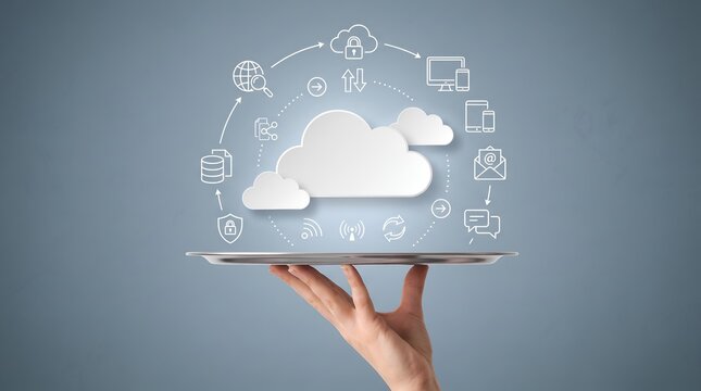 Managed cloud computing services delivery concept showing paper cloud and digital network icons presented on silver serving tray