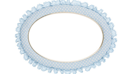 Oval baby blue polka dot fabric frame with lace trim, isolated on transparent background © Jonathan