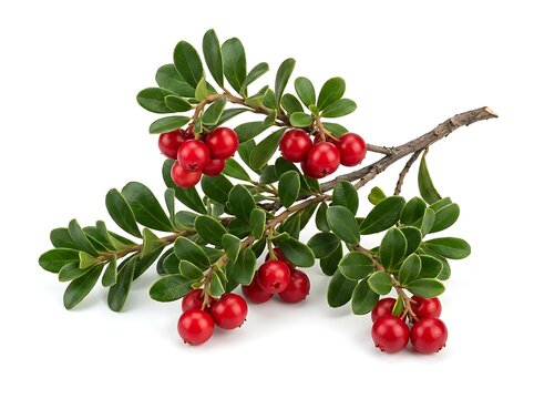 Fresh branch of wild lingonberry with bright red berries and green leaves for healthy food design. american bearberry