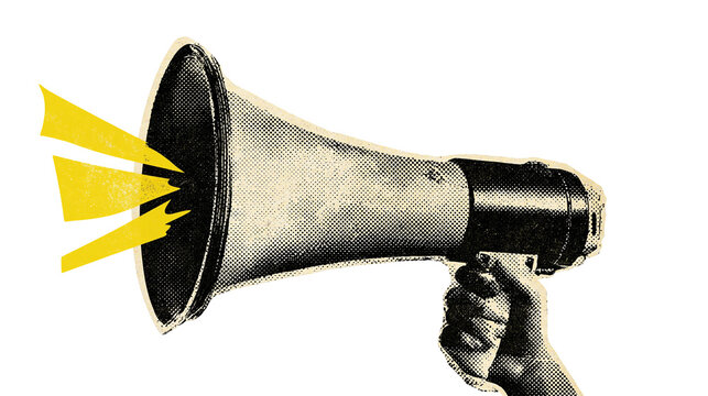 Hand holding vintage megaphone emitting yellow sound waves, isolated on transparent background