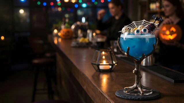 Halloween cocktail on a bar counter. Spooky blue drink with eyeballs and spider web decor.