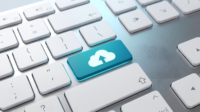 Cloud upload backup key on modern white keyboard representing secure digital storage and easy data synchronization
