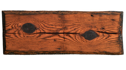 Rustic wooden plank with dark knots and crack, isolated on transparent background © Jonathan