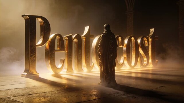 Standing robed figure facing Pentecost in hall, mist drifting, light intensifying to reveal word
