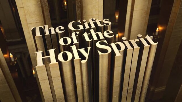 Camera pulling back revealing 3D serif title text above stone pillars in cathedral, candlelight