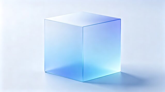 Frosted gradient light blue transparent glass cube plain light gray background minimalist geometric prop