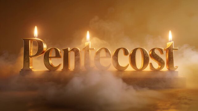 Starting title gold Pentecost glowing on studio platform, flames flickering, fog rising adding mood