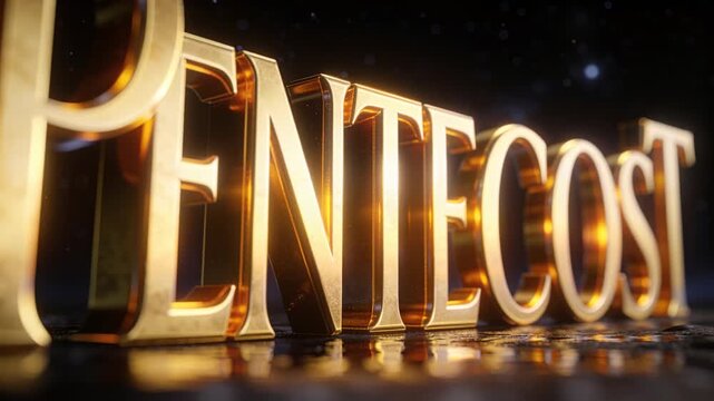 Camera pulling back, sweeping light revealing gold 3D PENTECOST on reflective floor with sparks