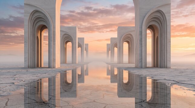 Surreal architectural landscape with a series of tall white marble curved doorways and arches receding into the distance, symmetrical composition. 
The ground is a cracked salt flat with shallow refle