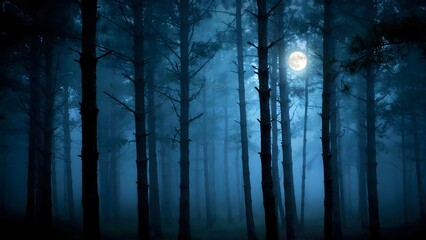 Obraz premium Eerie moonlit forest scene with tall trees and fog. Mystical woodland landscape under night sky.