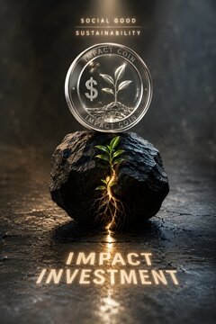 Impact investment concept with sustainable growth coin, green plant, social good, esg finance, ethical investing and environmental sustainability