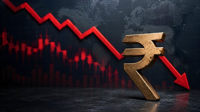 Indian rupee currency symbol with falling stock market graph, financial crisis, economic downturn, investment risk and market volatility concept