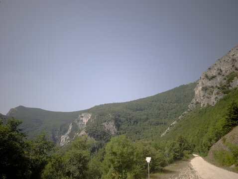 Strada sterrata che curva lungo un pendio montano con pareti rocciose e vegetazione verde fitta, sotto cielo azzurro limpido