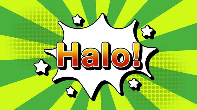 Halo text word lettering popup comic cartoon reveal with bomb and smoke explosion manga anime book page dots with radial speed lines doodle green background with seamless loop animation retro	
