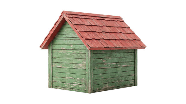 A small green wooden shed with a red roof stands alone, weathered, on transparent background.