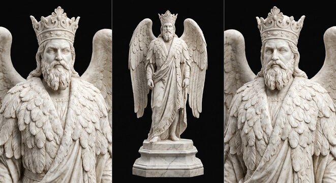 Majestic white marble sculpture of winged king wearing a crown and feathered robes shown in multiple detailed views