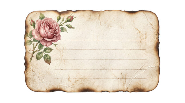 Vintage parchment paper with pink rose illustration, burnt edge stationery card, antique floral letterhead with lines for writing
