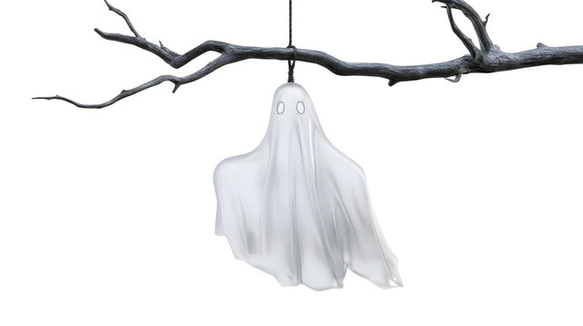 floating ghost figure hanging from a dark branch, halloween decoration, 3D render with glass and plastic texture, octane render style, isolated on white background