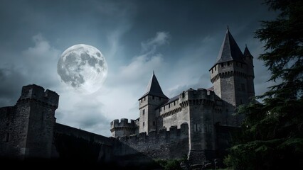Fototapeta premium Haunted castle under a full moon. Gothic fortress with eerie night atmosphere, medieval stone walls, and dark sky setting.
