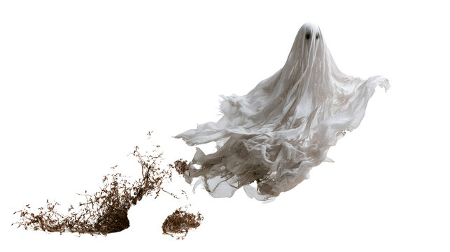 floating ghost figure with dried twigs scattered nearby, halloween decoration, hyper realistic render, cinematic lighting, sharp focus, isolated on white background