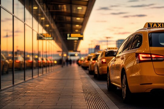 Row of yellow taxi cabs waiting outside a modern airport terminal building during a beautiful golden sunset with reflections on the glass facade