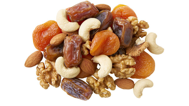 Pile of dried apricots dates walnuts almonds and cashews, isolated on transparent background