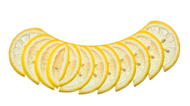 Thinly sliced yellow lemons arranged in a curved line, isolated on transparent background