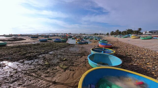 Cinematic Still Footage of Local Fishing Vessels in Binh Thuan