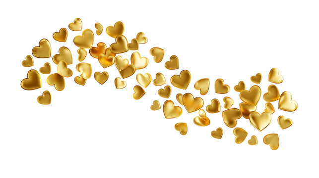 Scattered golden heart shapes forming a wave, isolated on transparent background