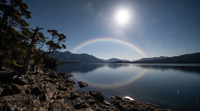 A rare moonbow over a calm lake under a bright full moon and starry night sky with mountains reflecting in the tranquil water and a rocky shoreline in the foreground