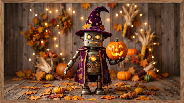 Rob&ocirc; retr&ocirc; fofo com chap&eacute;u de bruxa segurando ab&oacute;bora em varanda decorada de Halloween.