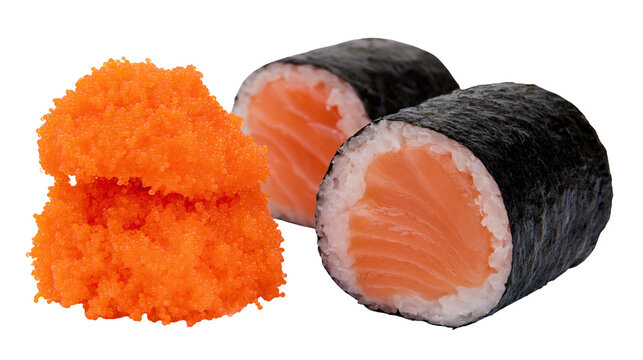 Fresh salmon sushi rolls with bright orange tobiko roe, isolated on transparent background