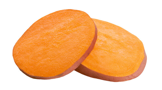 Two vibrant orange sweet potato slices raw and fresh, isolated on transparent background