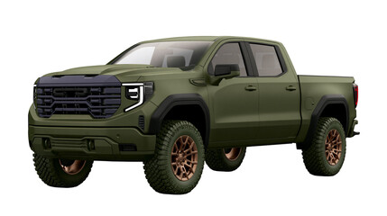 Olive green four-door pickup truck with aggressive grille and off-road tires, isolated on transparent background © Jonathan