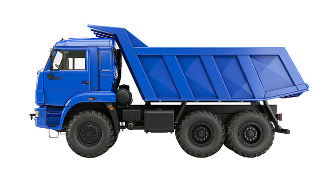 Bright blue heavy-duty dump truck with large tires, isolated on transparent background