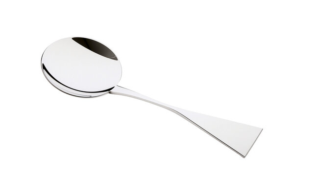 Polished silver serving spoon with geometric handle, isolated on transparent background