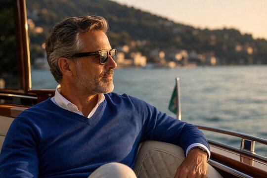 A handsome mature man wearing sunglasses sitting on a luxury boat during sunset while looking out at the scenic coastal landscape