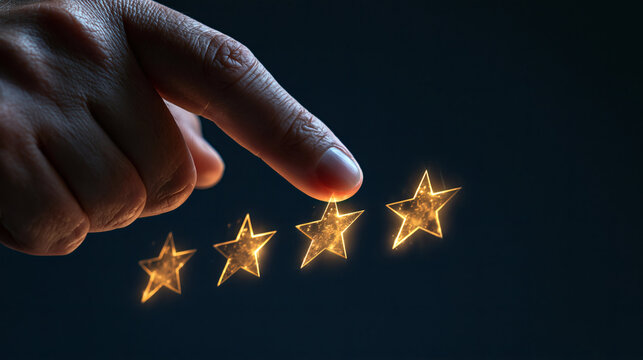 Five Star Review: A person's finger is shown touching the fifth star, indicating a perfect five-star rating, symbolizing excellence and satisfaction.
