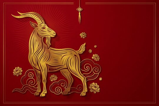 The goat is adorned with intricate golden patterns. luxury red and gold chinese goat new year background, 2027 new year with copy space for text, a dynamic pose against a vibrant red background.