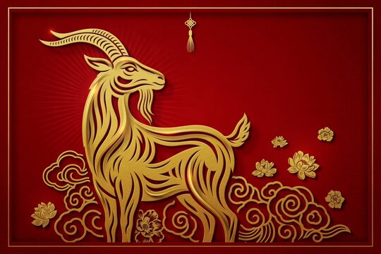 The goat is adorned with intricate golden patterns. luxury red and gold chinese goat new year background, 2027 new year with copy space for text, a dynamic pose against a vibrant red background.