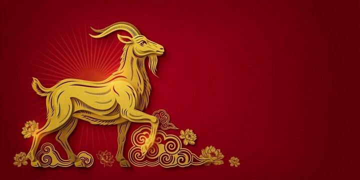 The goat is adorned with intricate golden patterns. luxury red and gold chinese goat new year background, 2027 new year with copy space for text, a dynamic pose against a vibrant red background.
