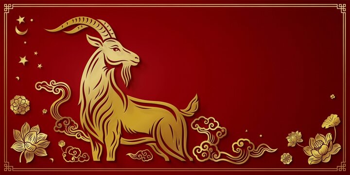 The goat is adorned with intricate golden patterns. luxury red and gold chinese goat new year background, 2027 new year with copy space for text, a dynamic pose against a vibrant red background.