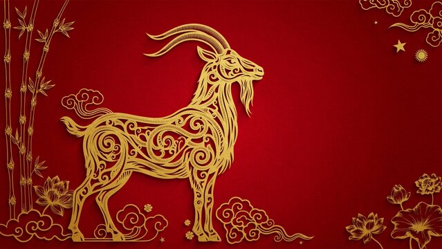 The goat is adorned with intricate golden patterns. luxury red and gold chinese goat new year background, 2027 new year with copy space for text, a dynamic pose against a vibrant red background.