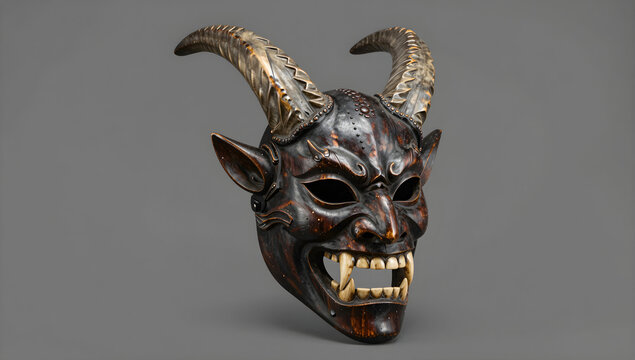 Dark carved medieval devil mask with horns