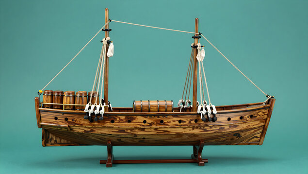 Historical wooden fireship model with barrels