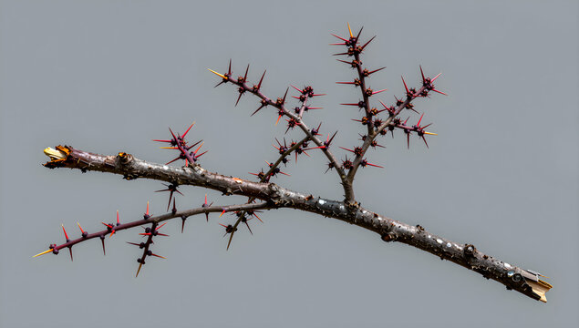Honey locust branch with sharp reddish thorns isolated on gray