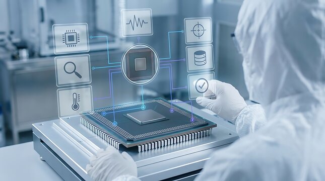 Scientist in cleanroom examines microchip with holographic interface